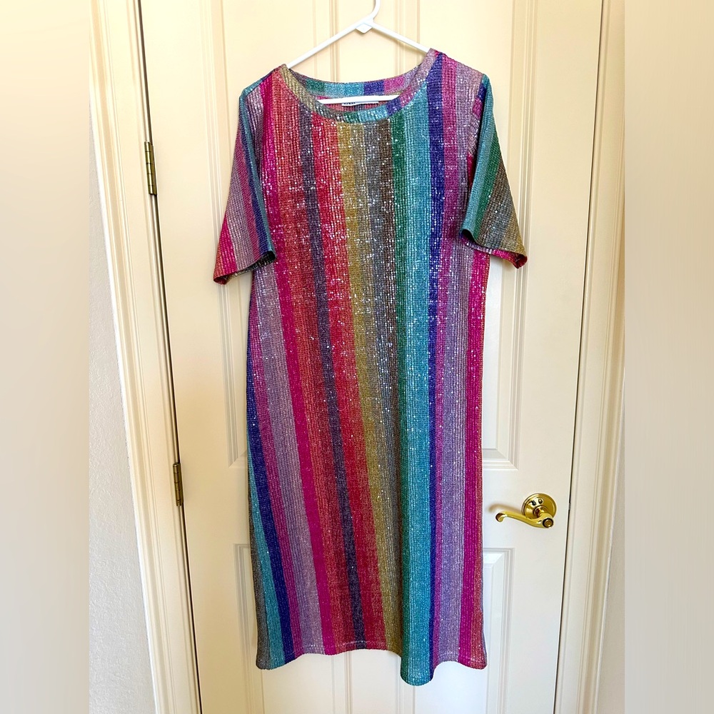 ZARA rainbow stripes metallic thread and clear paillette dress